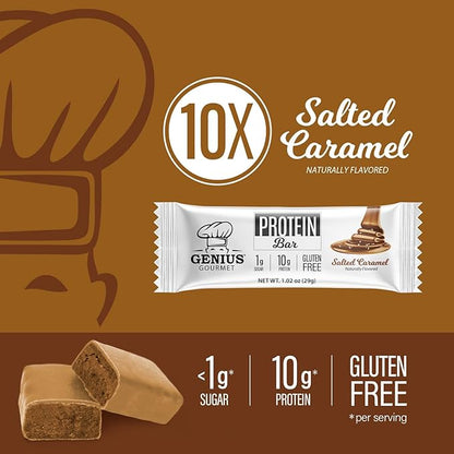 Genius Gourmet Protein Bar, Salted Caramel Keto Snack, Low Carb, Low Sugar & Gluten Free, Protein Snacks for Adults, 10G of Whey Protein per Protein Bar, 5 Net Carbs, 10 Count