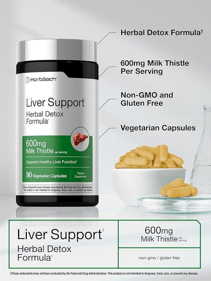 Horbäach Liver Support | 600 mg Milk Thistle | 90 Vegetarian Capsules | Herbal Detox Formula | Non-GMO, Gluten Free