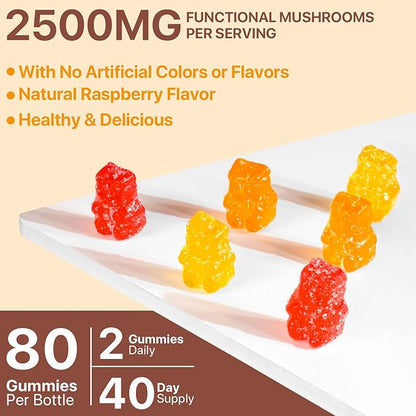 Mushroom Gummies with Ashwagandha 2500mg Lions Mane Mushroom Supplement Blend Organic Reishi, Cordyceps,Turkey Tail & More, Boosts Energy, Memory, Immune Defense- 80 Gummies