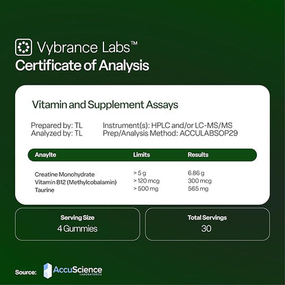 VYBRANCE LABS Creatine Gummies for Women & Men — First & Only 5g Creatine + Taurine + Vitamin B12 | Vegan Creatine Gummies | Sugar-Free | Sour Green Apple