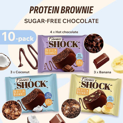 Fitness SHOCK Protein Brownie Variety Pack - No Added Sugar, 7.5g Protein, Low Carb Guilt-Free Dessert - Chocolate, Coconut, Banana - 0g Added Sugar, 10g Net Carbs, 5g Fiber - 10 x 50g