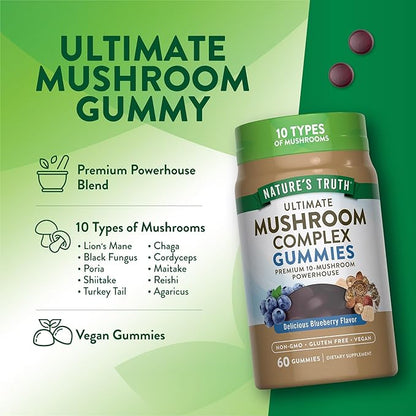 Nature's Truth Mushroom Complex Gummies for Adults | Complex of 10 Mushrooms | with Lion's Mane, Shiitake, & Chaga | Blueberry Flavor | 60 Count | Vegan, Non-GMO & Gluten Free Supplement