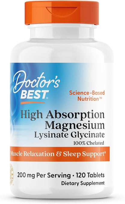 Doctor's Best High Absorption Magnesium Glycinate Lysinate Supplement for Sleep Support - Chelated Magnesium Tablets for Women & Men, 200mg per Serving, Supports Calm & Relaxation, Vegan - 120 Count