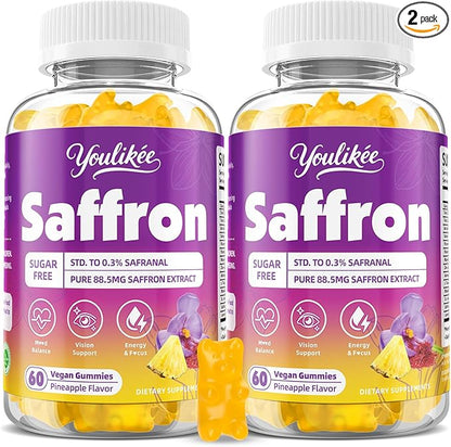 2 Pack Saffron Gummies 88.5mg - Saffron Supplements with Magnesium, Rhodiola Rosea, Ashwagandha, L-Theanine, Vitamins D3 & B6, Zinc - Supports Antioxidant Function, Pineapple Flavor, 120 Count