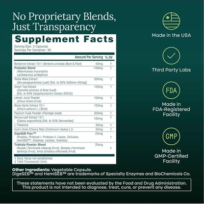 Colon Cleanse + GLP-1 Supplement Weight Loss & Energy - Appetite Suppressant & Fat Burner for women and men with Berberine, Yerba Mate, Psyllium Husk, Senna Leaf, Lemon, Black Garlic - Digestive Broom