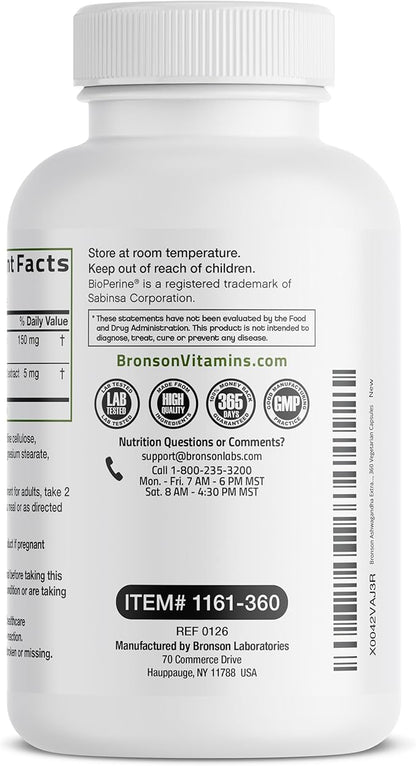 Bronson Ashwagandha Extra Strength Stress & Mood Support with BioPerine - Non GMO Formula, 360 Vegetarian Capsules