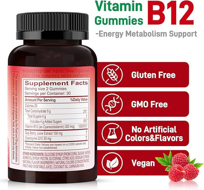 Natural Energy Gummies with Vitamin B12, Goji, CoQ10, Energy Support & Metabolism Support Chewable Supplement,GMO Free, Gluten Free(Raspberry, 120 Count)
