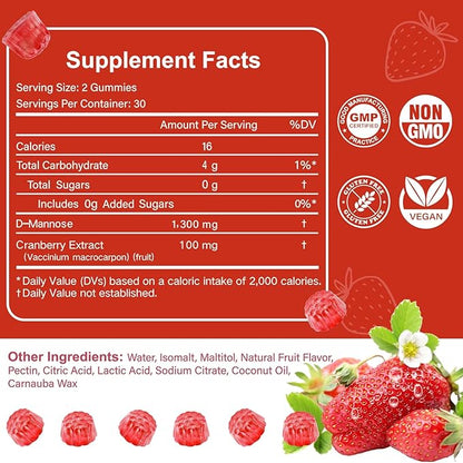 D Mannose with Cranberry Gummies, D-Mannose Supplements 1300mg for Women, Support Natural Urinary Tract & Bladder Health, Sugar-Free, 60 Count