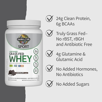 Garden of Life SPORT Whey Protein Powder Chocolate, Premium Grass Fed Whey Protein Isolate plus Probiotics for Immune System Health, 24g Protein, Non GMO, Gluten Free, Cold Processed - 20 Servings