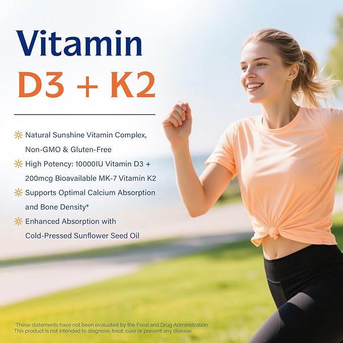 Innate Vitality Vitamin D3 K2 Supplement, High Potency Vitamin D3 10000 IU & Vitamin K2 (MK-7) 200 mcg, Supports Bone, Teeth, Heart & Immune Health, Non-GMO, Gluten Free, 120 Softgels