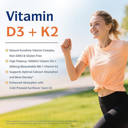 Innate Vitality Vitamin D3 K2 Supplement, High Potency Vitamin D3 10000 IU & Vitamin K2 (MK-7) 200 mcg, Supports Bone, Teeth, Heart & Immune Health, Non-GMO, Gluten Free, 120 Softgels