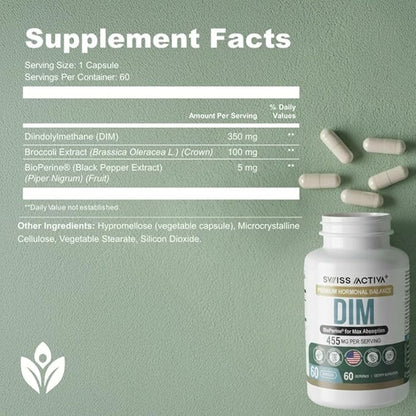 Swiss Activa+ Labs DIM Supplement – Hormone Balance for Women & Men – Estrogen Supplement for Women and Men– Supports Hormonal Acne & Menopause Symptoms| Gluten Free, Non-GMO & Vegan – 180 Days Supply