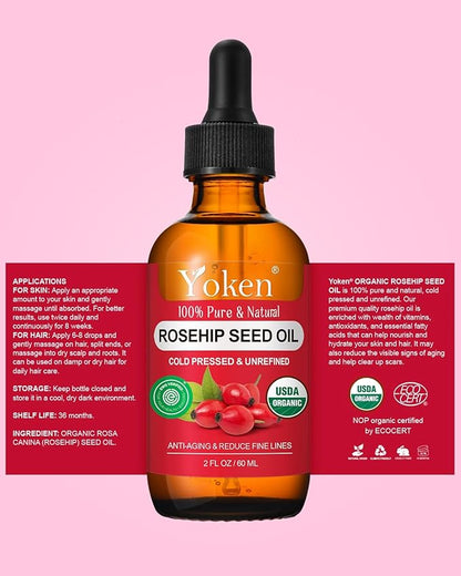 Yoken Organic Rosehip Seed Oil for Face, 100% Pure and Natural Cold Pressed Unrefined Rosehip Oil Carrier for Skin, Hair & Nails - Lightweight, Fast-Absorbing (2 fl oz)