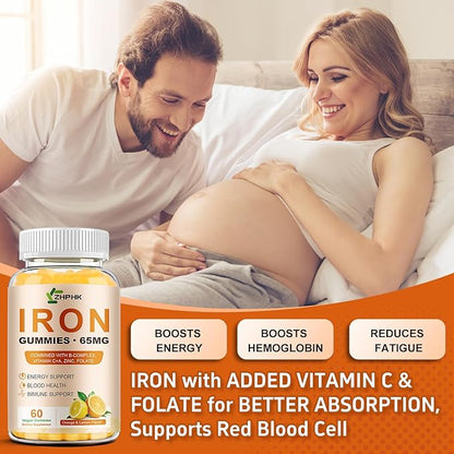 Iron Supplement Gummies, 65mg Iron and 250mg Vitamin C for Women Men Kids, Natural Vegan with Vitamin A, B-Complex, Biotin, Zinc & Folate Energy Support & Immune Health, 60 Count