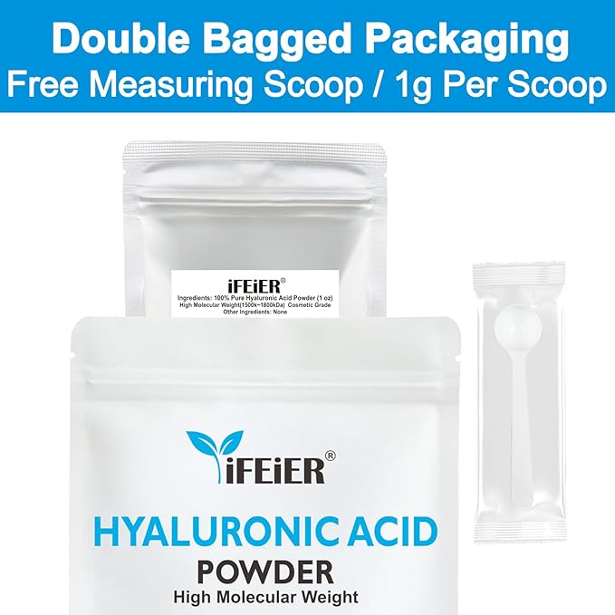 iFEiER Hyaluronic Acid Powder | High Molecular Weight Hyaluronic Acid Serum Powder | 1oz(28.3g) Cosmetics Grade | Sodium Hyaluronate | LMW HMW HA ingredient to make gel for DIY Serums