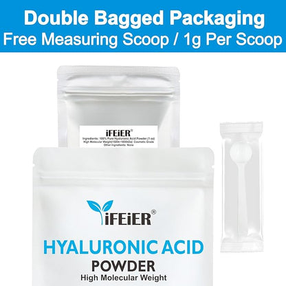 iFEiER Hyaluronic Acid Powder | High Molecular Weight Hyaluronic Acid Serum Powder | 1oz(28.3g) Cosmetics Grade | Sodium Hyaluronate | LMW HMW HA ingredient to make gel for DIY Serums
