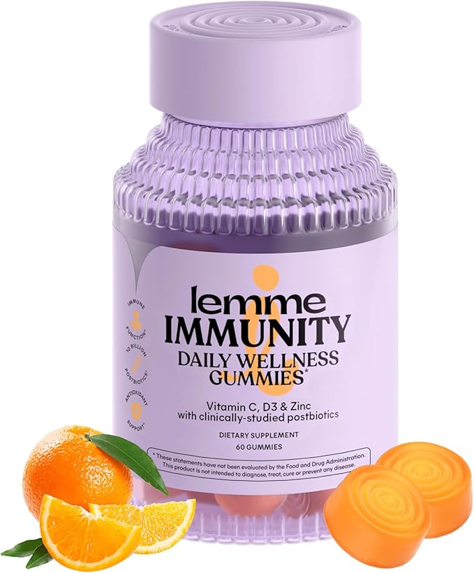 Lemme Immunity Postbiotic Gummies with Vitamin C, Vitamin D (2000 IU), Zinc, 10 Billion Postbiotic Cells, Astragalus for Immune Support - Vegetarian, Gluten Free, Sweet Orange (60 Count)