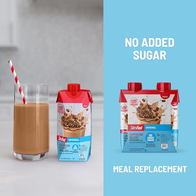 SlimFast Meal Replacement Shake, Original Cappuccino Delight, No Added Sugar, Meal Replacement Shakes, 10g Ready to Drink Protein, 5g Fiber, 25 Vitamins and Minerals, 11 Fl. Oz, 12 Count