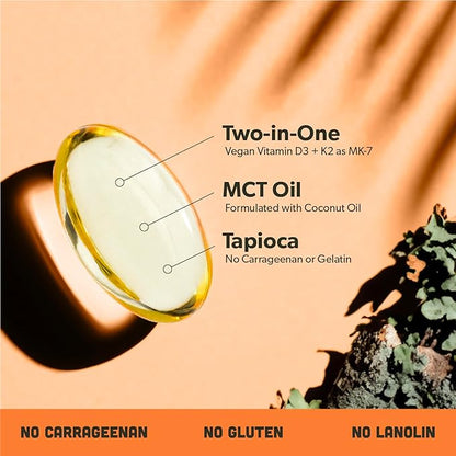 sapling Vegan Vitamin D3 + K2 Supplement with MCT Oil from Coconut - 4000 IU Vitamin D and 100mcg Vitamin K2 as Mk7 - Calcium Absorption, Bone Strength, and Immune Health Support* - 60 Softgels