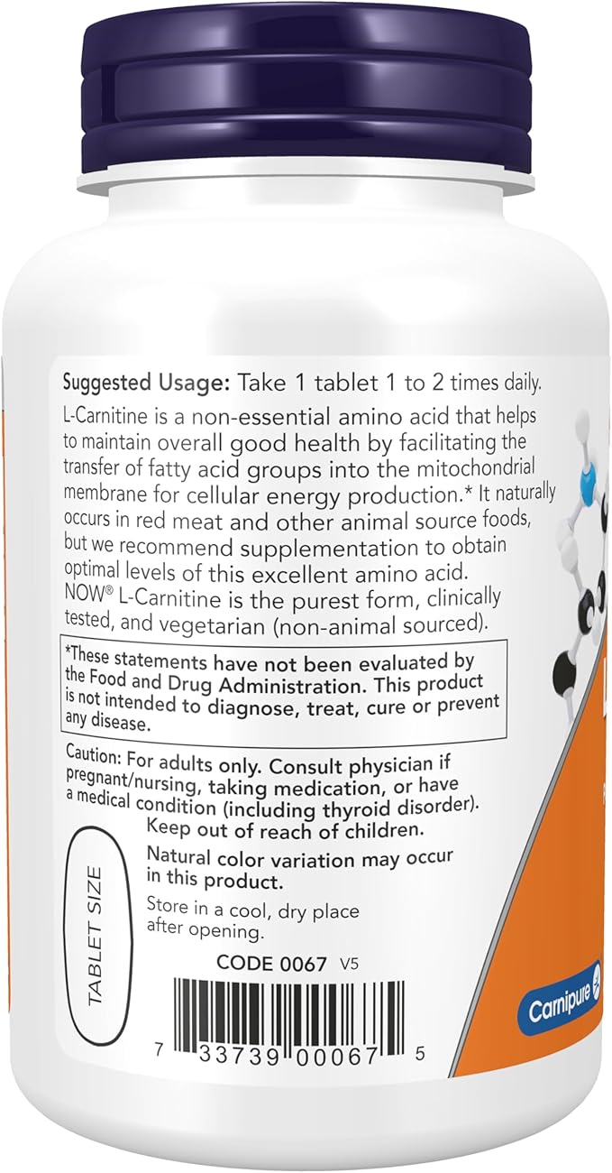 NOW Foods Supplements, L-Carnitine 1,000 mg, Purest Form, Amino Acid, Fitness Support*, 50 Tablets