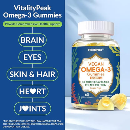 Vegan Omega 3 Gummies 1000mg - Algae Omega 3 Supplement for Women & Men with CoQ10, Vitamin D3, K2 & Turmeric - Fish Oil Alternative for Adults with DHA EPA for Brain, Eye- Sugar Free, 120 Count