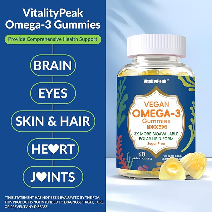 Vegan Omega 3 Gummies 1000mg - Algae Omega 3 Supplement for Women & Men with CoQ10, Vitamin D3, K2 & Turmeric - Fish Oil Alternative for Adults with DHA EPA for Brain, Eye- Sugar Free, 60 Count