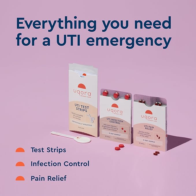 Uqora UTI Emergency Kit - Comes with 2 Urinary Tract Infection Test Strips, 12 UTI Pain Relief Tablets & 12 Infection Control Tablets - Urinary Tract Support - Maximum Strength - 2 Pack