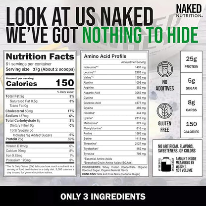 NAKED Vanilla Whey Protein Powder - All Natural Grass Fed Whey Protein Powder, Vanilla Flavor, Organic Coconut Sugar, 5Lb Bulk, GMO-Free, Soy Free, Gluten Free - 61 Servings