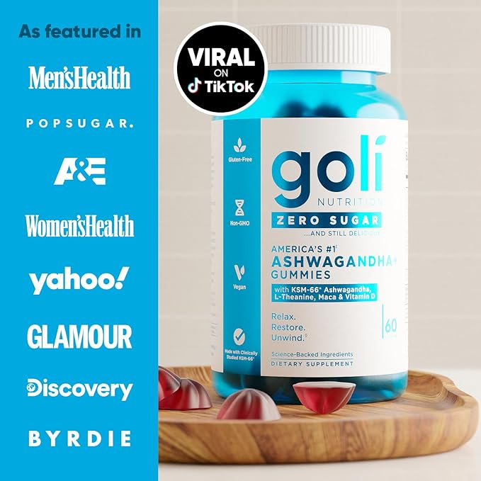 Goli Zero Sugar Ashwagandha Gummies, 60 Count Each (3 Pack, 180 Total) – with KSM-66, L-Theanine, Maca and Vitamin D - No Sugar Alcohols - Vegan, Keto-Friendly, Non-GMO