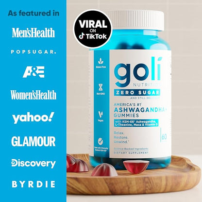 Goli Zero Sugar Ashwagandha Gummies, 60 Count Each (3 Pack, 180 Total) – with KSM-66, L-Theanine, Maca and Vitamin D - No Sugar Alcohols - Vegan, Keto-Friendly, Non-GMO