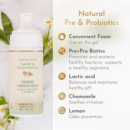 Honestly pHresh Foaming Feminine Wash for Women – pH Balanced Natural Intimate Cleanser with Prebiotics & Probiotics. Vegan, Sensitive Skin Safe. Made In USA - Rose & Bergamot Scent, 5 oz