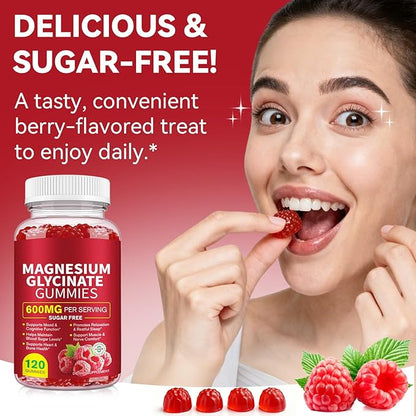 Magnesium Glycinate Gummies (Raspberry) 600mg, Sugar Free with Magnesium L-Threonate, Calcium, Potassium, Vitamin D3, B6 & CoQ10, High Absorption Support for Relaxation,Muscles & Energy, 120 Count