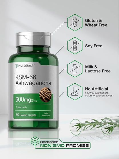 Horbäach KSM-66 Ashwagandha | with L-Theanine | 60 Coated Caplets | Vegan, Non-GMO, Gluten Free Complex Supplement