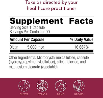Bariatric Advantage Biotin 5,000 mcg - for Bariatric Surgery Patients - Easy-Digest Mini Capsules - Biotin Supplement - Hair, Skin & Nails Support* - 90 Count