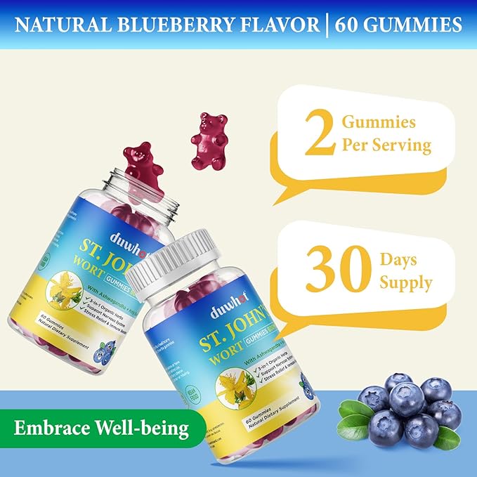 duwhot St John's Wort Gummies 600mg, 3 in 1 Organic Herbal Supplements for Stress Relief, Nervous System Support, with Ashwagandha & Holy Basil Extract for Adults & Kids, Non-GMO, Vegan, 60 ct.