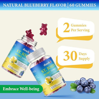 duwhot St John's Wort Gummies 600mg, 3 in 1 Organic Herbal Supplements for Stress Relief, Nervous System Support, with Ashwagandha & Holy Basil Extract for Adults & Kids, Non-GMO, Vegan, 60 ct.