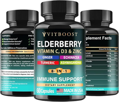 2 Pack Elderberry Immune Support Supplement 8-in-1 Formula with Echinacea, Vitamin C & Zinc, Vitamin D 5000 IU, Turmeric, Ginger, Ashwagandha – 60 Capsules Each