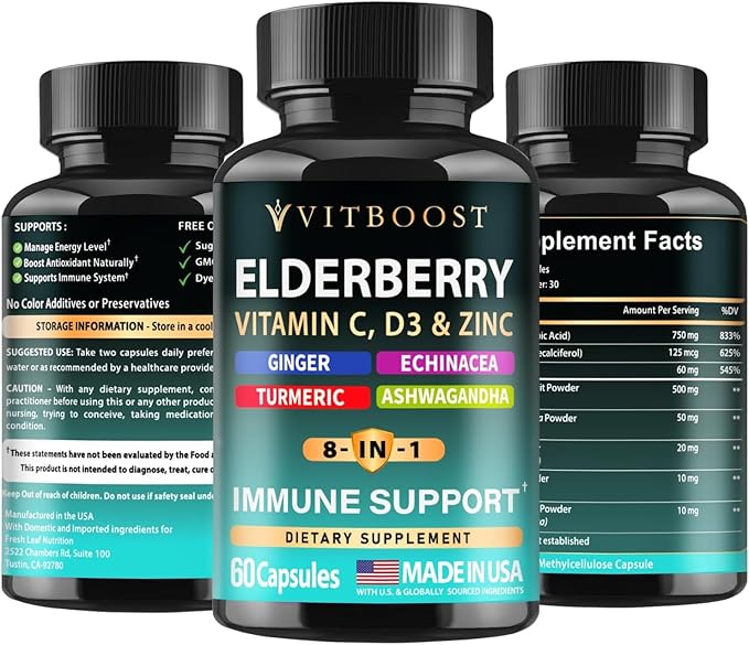 Elderberry Immune Support Supplement 8-in-1 Formula with Echinacea, Vitamin C & Zinc, Vitamin D 5000 IU, Turmeric, Ginger, Ashwagandha – 60 Capsules