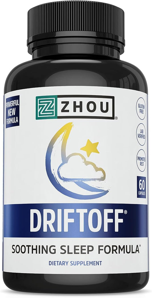 Zhou Driftoff - Nature Inspired Sleep Aid, Valerian Root & Melatonin for Sleep for Men & Women, Calm Sleeping Supplement for Adults with Gaba & Chamomile to Relax - 60 Veggie Capsules