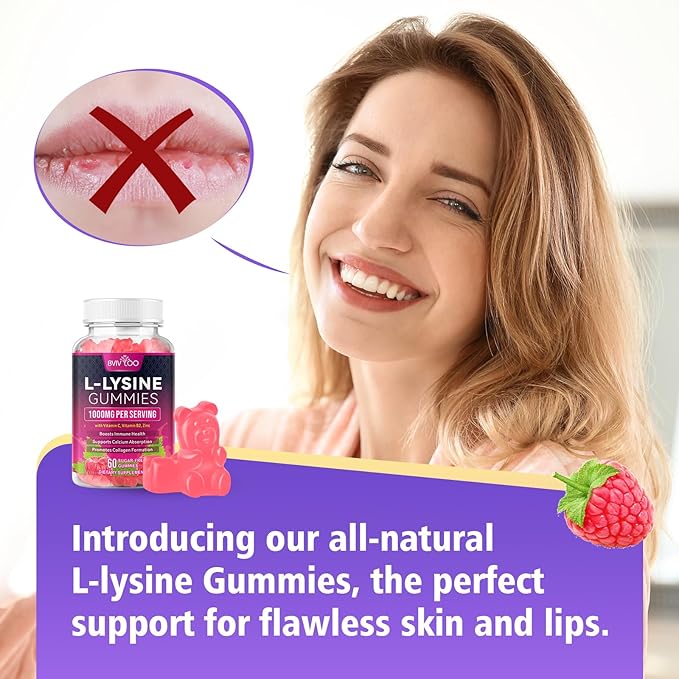 L-Lysine 1000mg Gummies for Immune Support & Skin Health - High Potency Vegan, Sugar-Free, Gluten-Free Supplement with Natural Raspberry Flavor for Adults & Kids - 120 Gummies