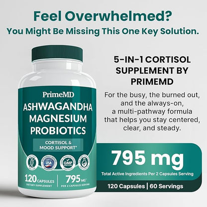 5-in-1 Cortisol Supplement for Women and Men with Ashwagandha for Calmness, Focus, and Adrenal Support Supplements with Shilajit Extract, Magnesium Glycinate, Probiotics (120 ct) (Pack of 1)