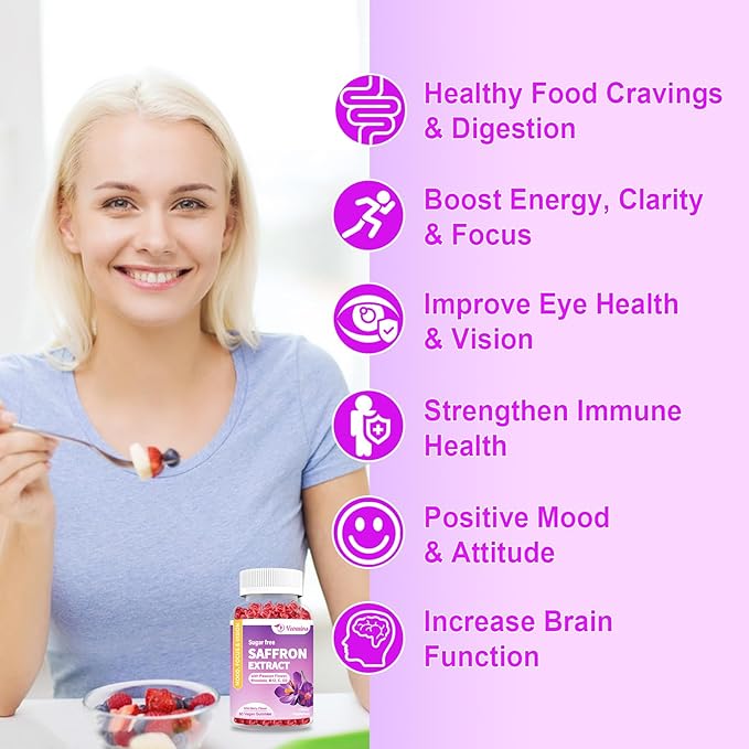 Saffron Gummies, 10 in 1 Saffron Supplements Gummies with Magnesium, Ashwagandha & Rhodiola Rosea, Sugar Free Vegan Mixed Berry Flavor - 2 Pack 120Cts