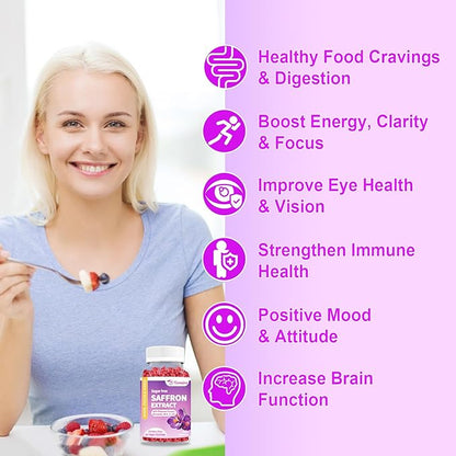 Saffron Gummies, 10 in 1 Saffron Supplements Gummies with Magnesium, Ashwagandha & Rhodiola Rosea, Sugar Free Vegan Mixed Berry Flavor - 2 Pack 120Cts