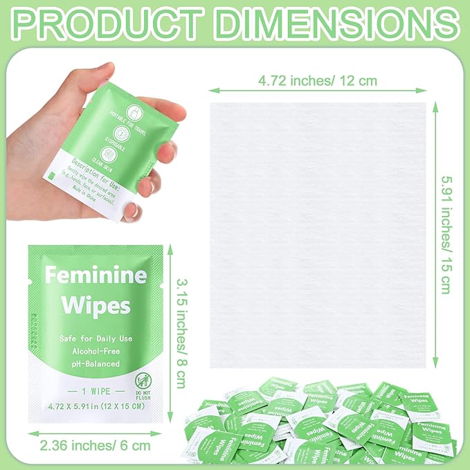 300 Pieces Feminine Wipes Individually Wrapped Women Travel Size Bulk Unscented Intimate Wipes Mild Private Parts Ph Balanced for Travel Bathroom Toilet Daily(Green)