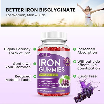 Iron Gummies with Multivitamin, Iron Supplement for Women & Men with Zinc, Vitamin B Complex & C, B12, Folate - Blood Builder & Energy Support for Adults & Kids - Grape Flavor, Vegan 60 Gummies