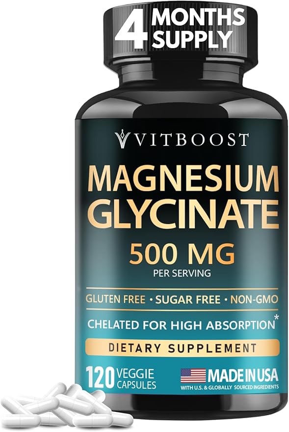 VITBOOST Magnesium Glycinate 500mg - High Absorption Chelated Supplement - Supports Sleep, Muscle Recovery & Heart Health - Non-GMO, Vegan - 120 Capsules - Made in USA