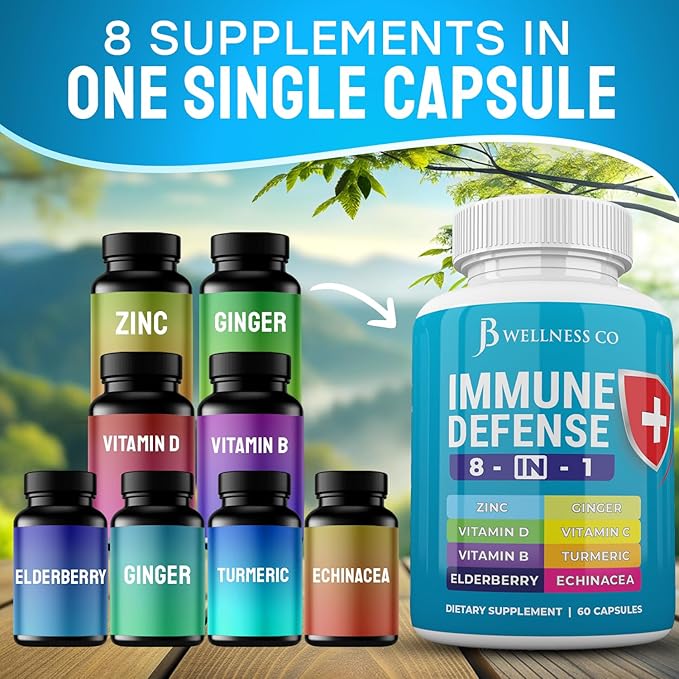 Immune Support 8 in 1 Capsules - Zinc Supplement, Vitamin D3, Vitamin C and Elderberry - Immune Booster Supplement with Echinacea, Ginger Root, and Turmeric - [3-Pack, 180 Count]