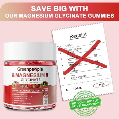 GREENPEOPLE Magnesium Glycinate Gummies 400mg - Sugar Free Magnesium Supplement with Magnesio Citrate, Vitamin D, and B6 for Calm Support & Sleep for Adults - High Absorption - Raspberry Gummies