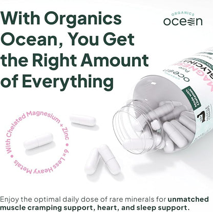 Organics Ocean Pure Magnesium Glycinate with Zinc - Maximum Strength Chelated Magnesium Supplement for Women and Men for Muscle Cramps and Sleep Support - 2 Bottles