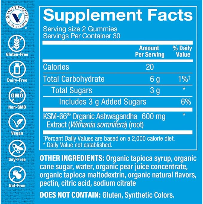 The Vitamin Shoppe Ashwagandha 600 MG - Stress Support, Energy & Adaptogenic Wellness, Root Extract (60 Gummies)